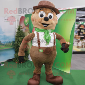 Brown Green Beer mascot costume character dressed with a Dress Shirt and Suspenders