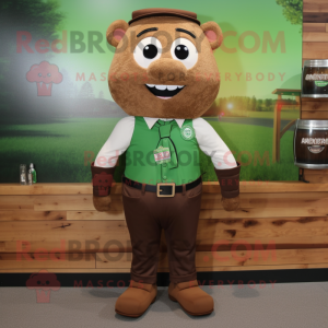 Brown Green Beer mascot costume character dressed with a Dress Shirt and Suspenders