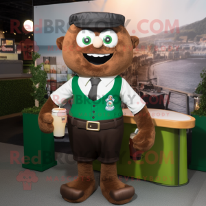 Brown Green Beer mascot costume character dressed with a Dress Shirt and Suspenders