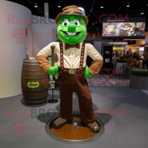 Brown Green Beer mascot costume character dressed with a Dress Shirt and Suspenders