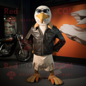 Tan Gull mascot costume character dressed with a Biker Jacket and Suspenders