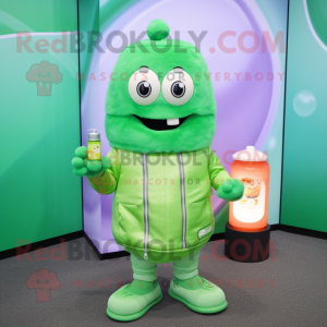 Green Scented Candle mascot costume character dressed with a Rash Guard and Messenger bags