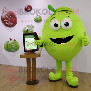 Lime Green Chocolates mascot costume character dressed with a Oxford Shirt and Digital watches