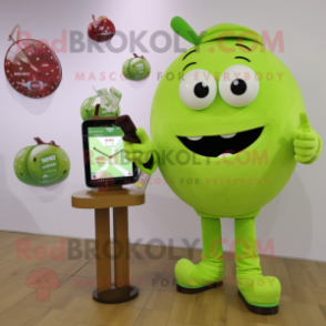 Lime Green Chocolates mascot costume character dressed with a Oxford Shirt and Digital watches