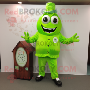 Lime Green Chocolates mascot costume character dressed with a Oxford Shirt and Digital watches