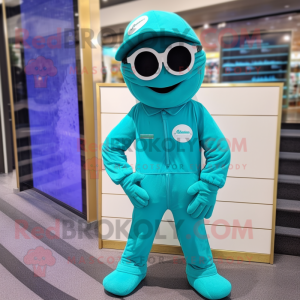 Teal Candy Box mascot costume character dressed with a Jumpsuit and Sunglasses