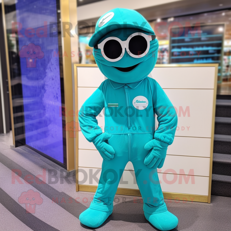 Teal Candy Box mascot costume character dressed with a Jumpsuit and Sunglasses