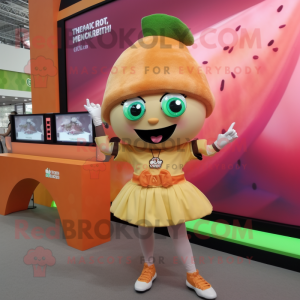 Peach Tacos mascot costume character dressed with a Mini Skirt and Smartwatches