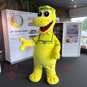 Lemon Yellow Loch Ness Monster mascot costume character dressed with a Playsuit and Caps