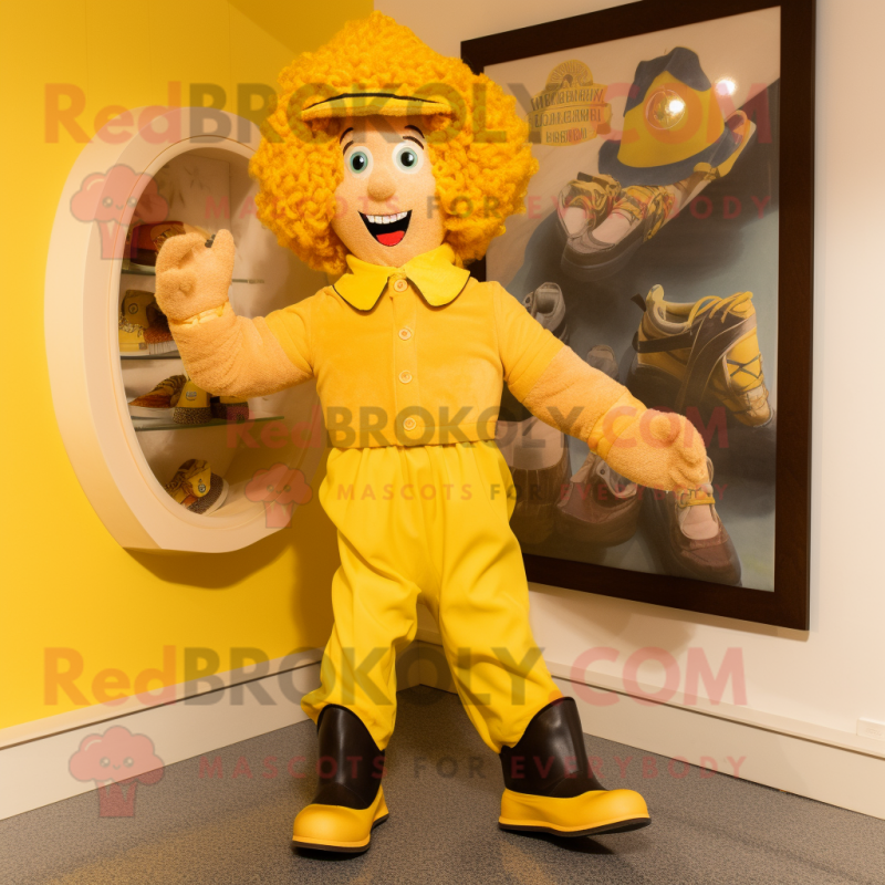 Yellow Irish Dancing Shoes mascot costume character dressed with a Corduroy Pants and Hats