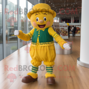 Yellow Irish Dancing Shoes mascot costume character dressed with a Corduroy Pants and Hats