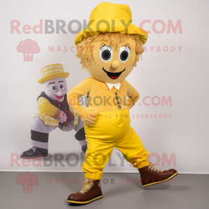Yellow Irish Dancing Shoes mascot costume character dressed with a Corduroy Pants and Hats