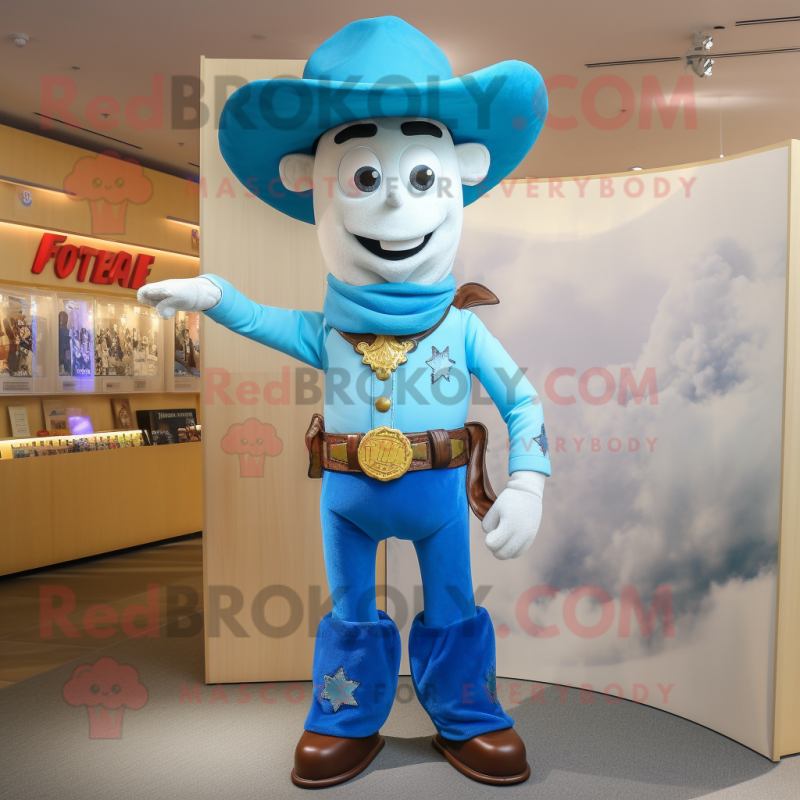 Sky Blue Cowboy mascot costume character dressed with a Cover-up and Lapel pins