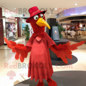 Red Archeopteryx mascot costume character dressed with a Empire Waist Dress and Suspenders