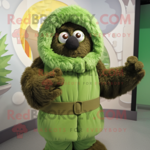 Green Meatballs mascot costume character dressed with a Parka and Shawls