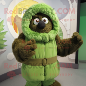 Green Meatballs mascot costume character dressed with a Parka and Shawls