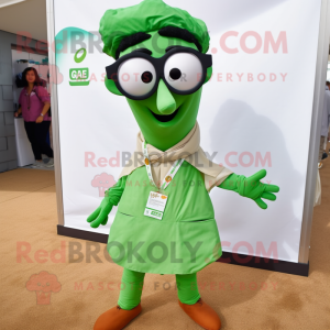 Green Tikka Masala mascot costume character dressed with a Poplin Shirt and Eyeglasses