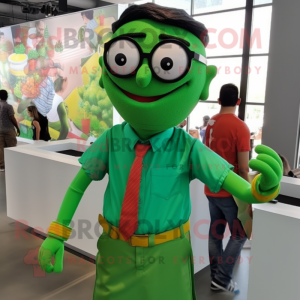Green Tikka Masala mascot costume character dressed with a Poplin Shirt and Eyeglasses