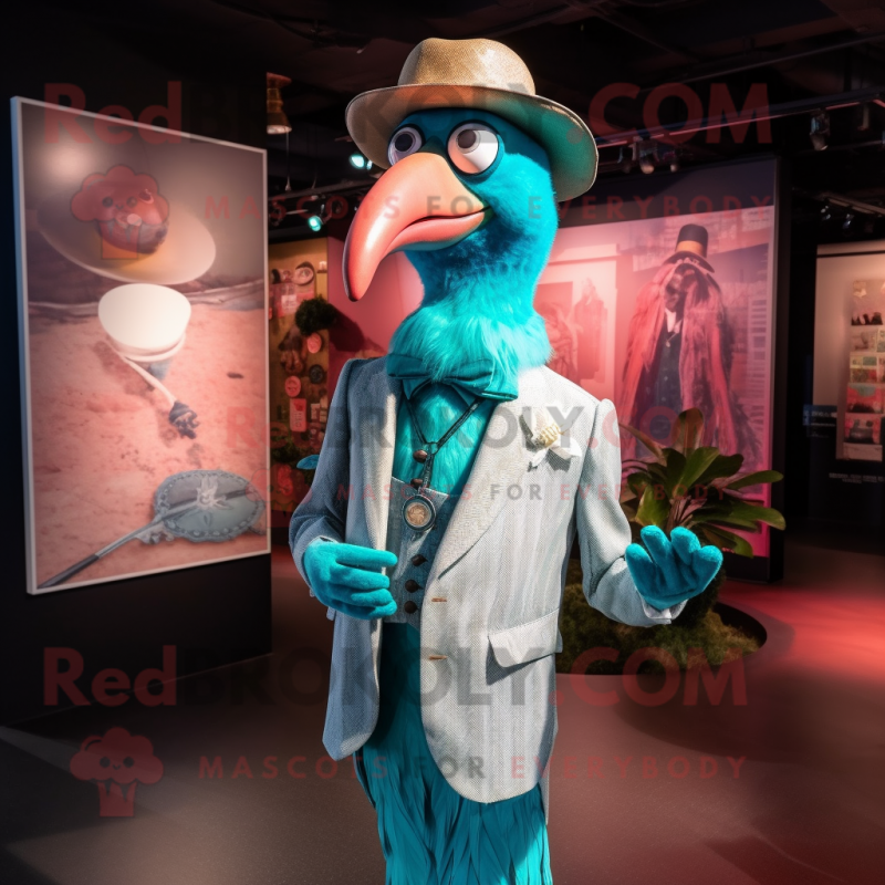 Turquoise Flamingo mascot costume character dressed with a Waistcoat and Hat pins