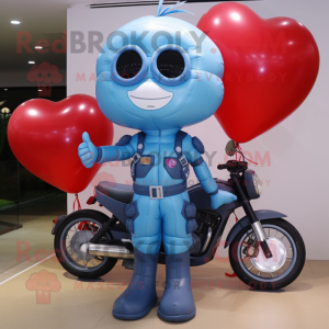 Sky Blue Heart Shaped Balloons mascot costume character dressed with a Moto Jacket and Hairpins