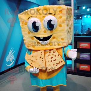 Cyan Grilled Cheese Sandwich mascot costume character dressed with a Swimwear and Shawl pins
