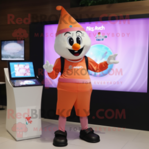 Peach Magician mascot costume character dressed with a T-Shirt and Digital watches