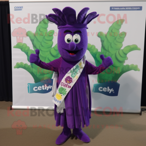 Purple Celery mascot costume character dressed with a Vest and Scarf clips