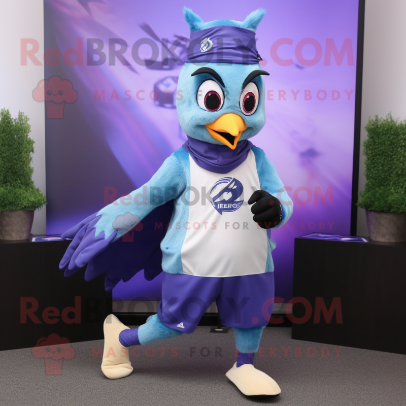 Lavender Blue Jay mascot costume character dressed with a Running Shorts and Scarf clips