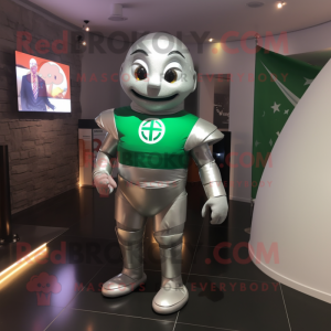 Silver Irish Flag mascot costume character dressed with a Turtleneck and Hairpins