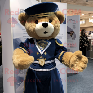 Navy Teddy Bear mascot costume character dressed with a Evening Gown and Bracelet watches