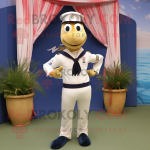 Navy Shrimp Scampi mascot costume character dressed with a Chinos and Bracelets