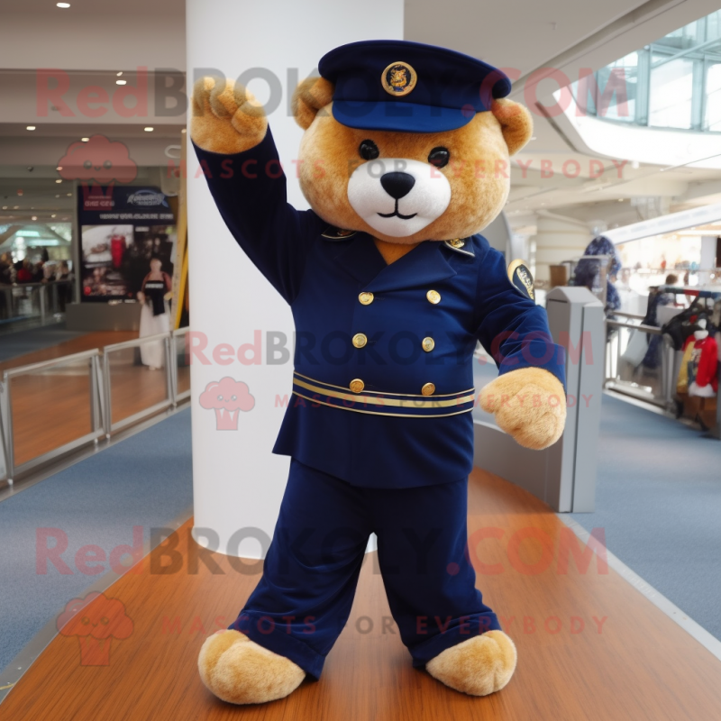 Navy Teddy Bear mascot costume character dressed with a Capri Pants and Gloves