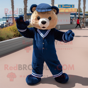 Navy Teddy Bear mascot costume character dressed with a Capri Pants and Gloves