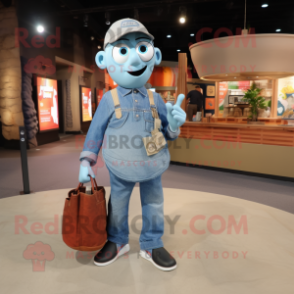 Gray Gyro mascot costume character dressed with a Denim Shirt and Tote bags