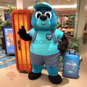 Turquoise Navy Seal mascot costume character dressed with a Board Shorts and Briefcases
