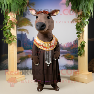 Brown Tapir mascot costume character dressed with a Empire Waist Dress and Headbands