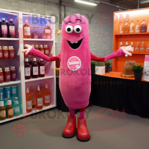 Pink Bottle Of Ketchup mascot costume character dressed with a Henley Shirt and Keychains