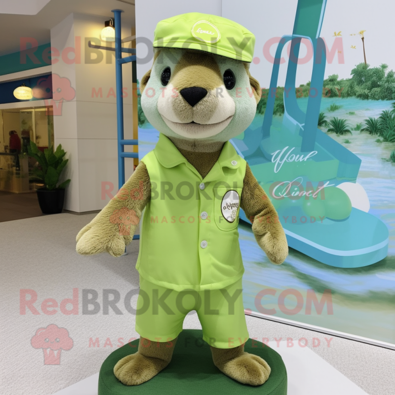 Lime Green Otter mascot costume character dressed with a Henley Shirt and Hats