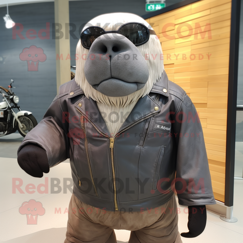 Gray Walrus mascot costume character dressed with a Biker Jacket and Wraps