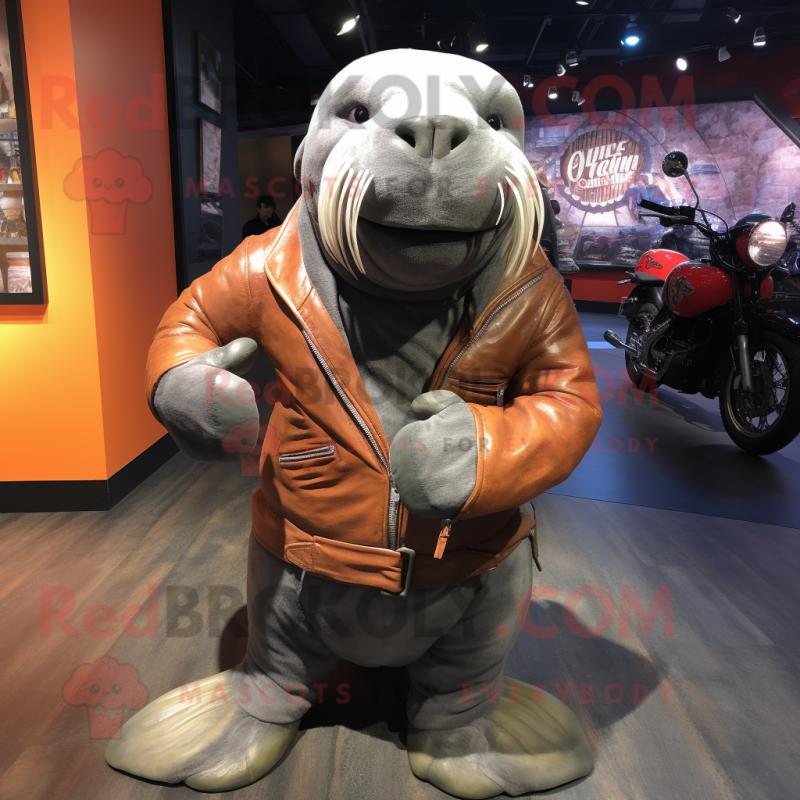 Gray Walrus mascot costume character dressed with a Biker Jacket and Wraps