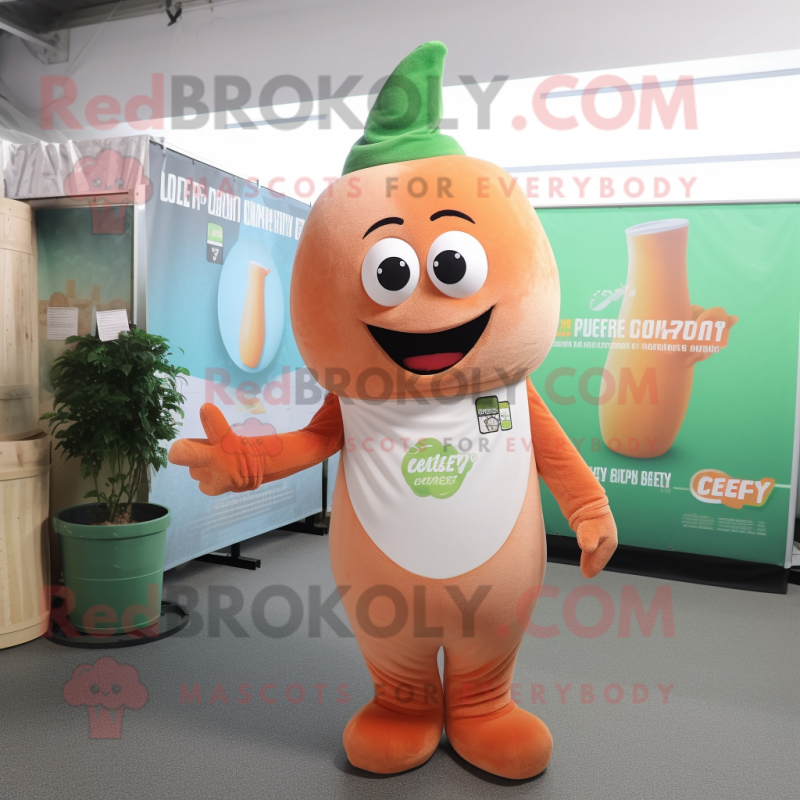 Peach Celery mascot costume character dressed with a Overalls and Pocket squares