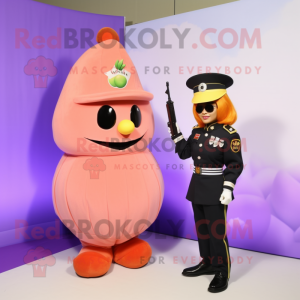 Peach Commando mascot costume character dressed with a Evening Gown and Berets