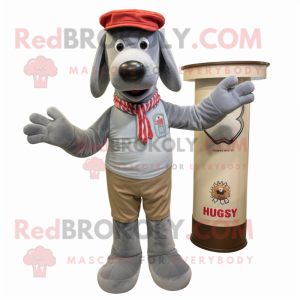 Gray Hot Dogs mascot costume character dressed with a Chambray Shirt and Gloves