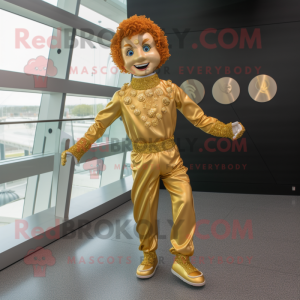 Gold Irish Dancer mascot costume character dressed with a Jumpsuit and Cufflinks