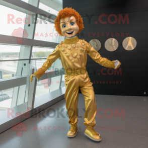 Gold Irish Dancer mascot costume character dressed with a Jumpsuit and Cufflinks