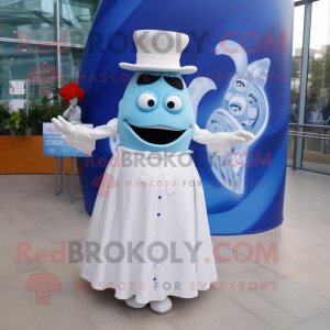 Blue Ceviche mascot costume character dressed with a Wedding Dress and Belts
