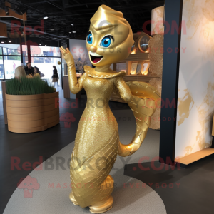 Gold Mermaid mascot costume character dressed with a Long Sleeve Tee and Handbags