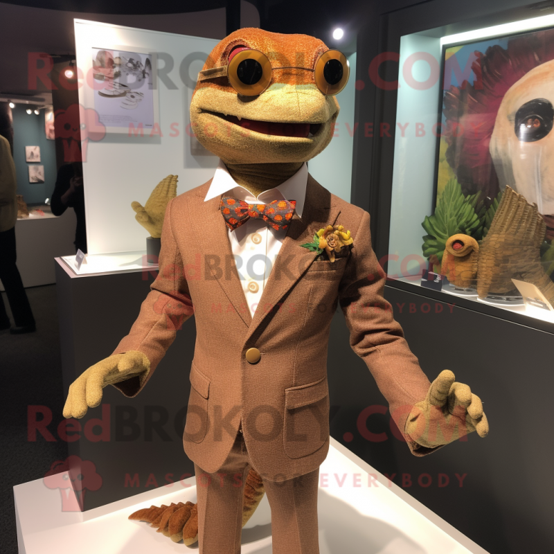 Brown Geckos mascot costume character dressed with a Blazer and Brooches