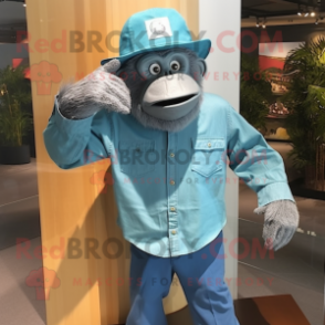 Teal Orangutan mascot costume character dressed with a Chambray Shirt and Caps