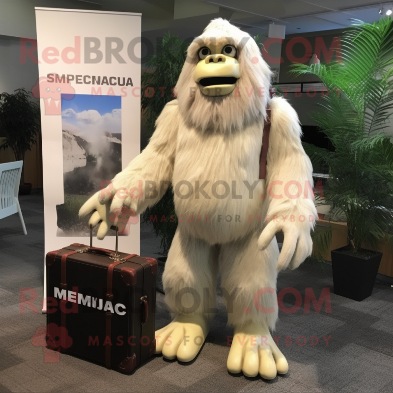 Cream Sasquatch mascot costume character dressed with a Bermuda Shorts and Briefcases